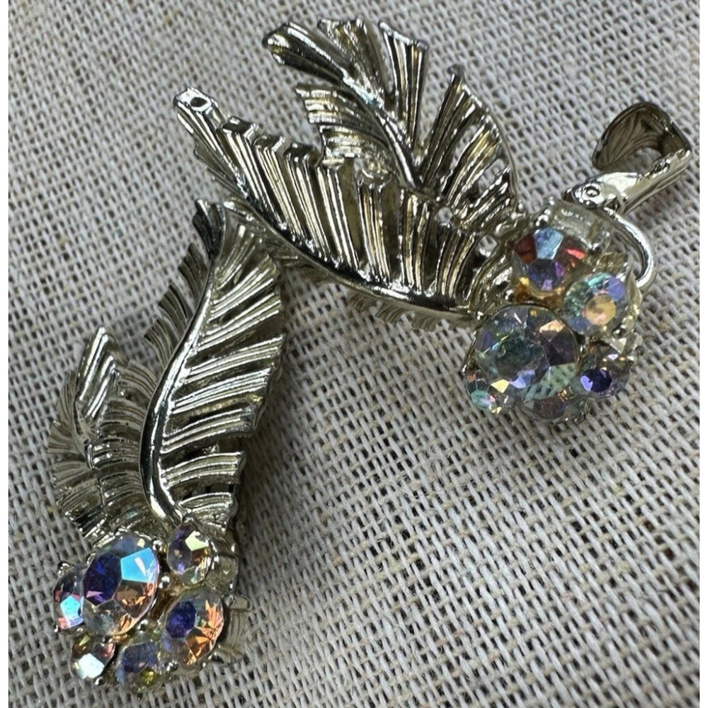 Vintage Brilliant AB Color Rhinestone Leaf Gold Tone Clip-on Earrings